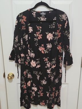 Angie Black Floral Rayon Cover Up with Cream and Green Accents